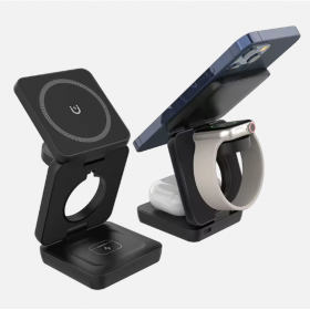 Carregador sem fios magnético dobrável 3 em 1 de 15 W - Preto