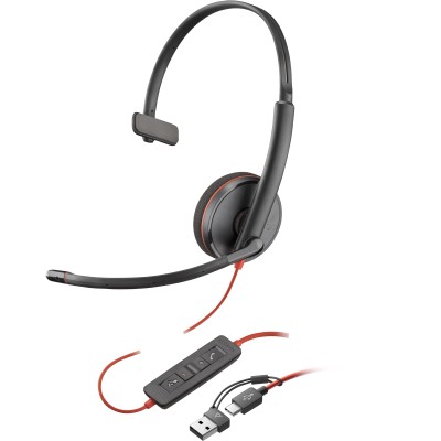 POLY Headset monaural Blackwire 3210 com USB-C + Adaptador USB-C A (a granel)