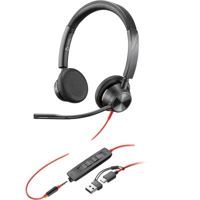 POLY Headset Estéreo Blackwire 3325 com USB-C certificado para Microsoft Teams + Conector de 3,5 mm + Adaptador USB-C A